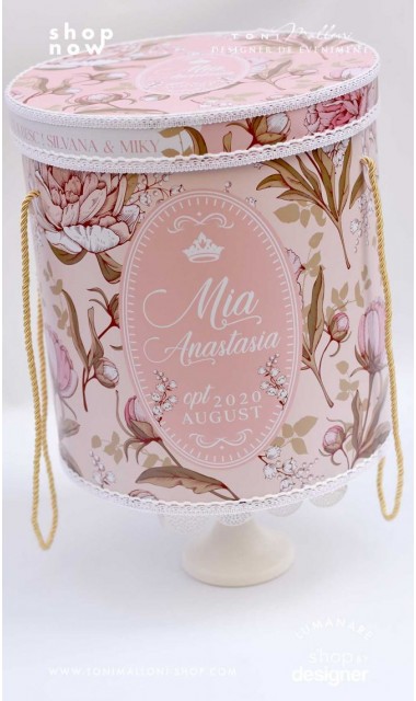 Trusou de botez cu bujori motive florale pe nuante elegante de roz si corai  4